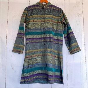 Colorful Chico’s Long Sleeved Tapestry Duster with Mardarin Collar